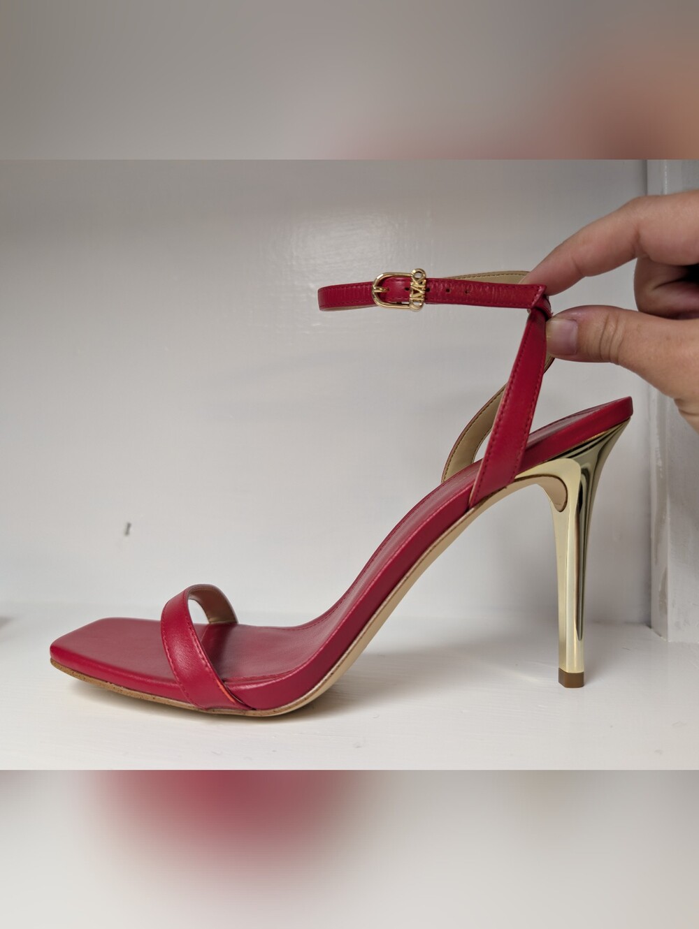 ​Michael Kors Liana Crimson Red Gold Heel Leather Sandals Square Toe NWOB 8M